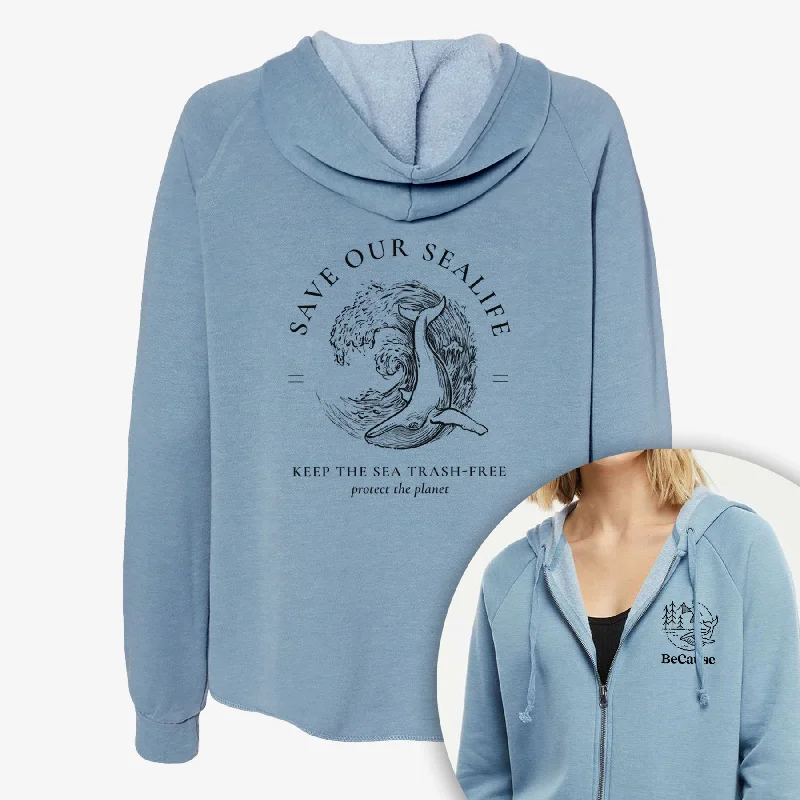 Save our Sealife - Keep the Sea Trash-Free - Women's Cali Wave Zip-Up Sweatshirt Loose Fit Hoodie Sweatshirt