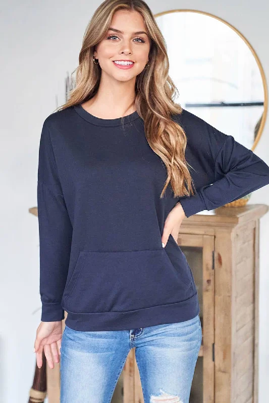 Perfect Peach - Long Sleeve French Terry top with kangaroo pocket - Navy Lightweight Zip Hoodie