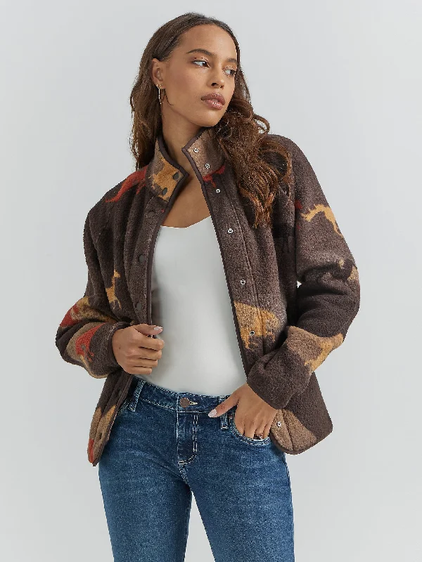 Women's Retro Printed Sherpa Snap Jacket - Stallion Brown Women's thermal jackets