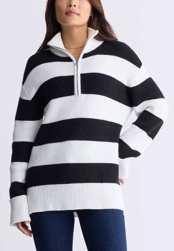 Storme Women's Striped Quarter-zip Oversized Sweater, Black & White - SW0089H Cozy Sweatshirts for Fall