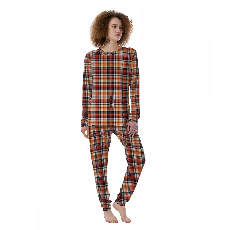 Madras Plaid Black And Orange Print Pattern Women's Pajamas Vintage pajama sets