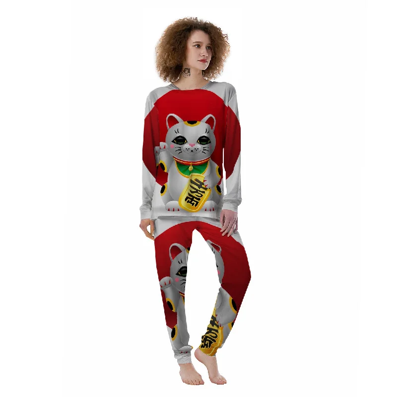 Maneki Neko Japanese Lucky Cat Print Women's Pajamas Velvet pajama sets