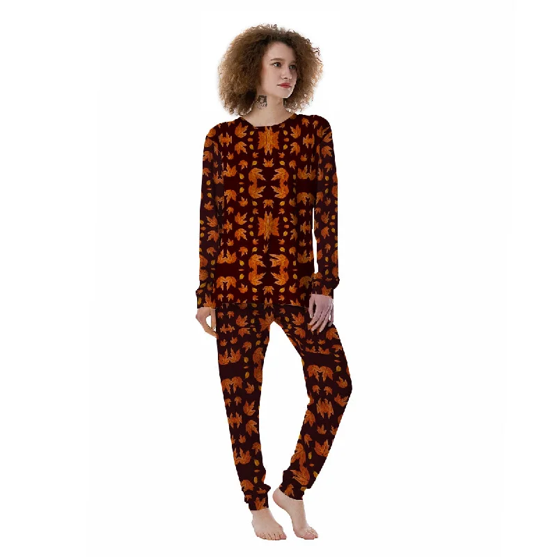 Maple Leaves Orange Print Pattern Women's Pajamas Unisex pajama sets