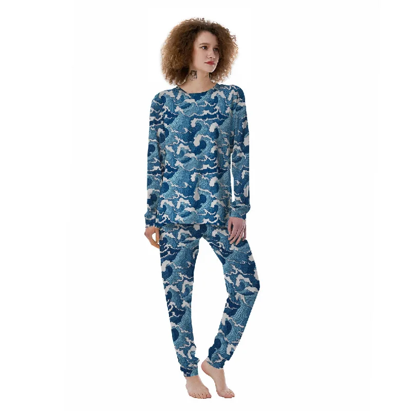 Ocean Wave Japanese Print Pattern Women's Pajamas Postpartum pajama sets