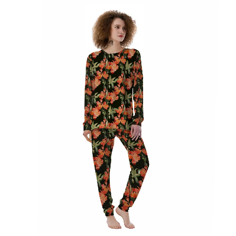 Orange Alstroemeria Print Pattern Women's Pajamas Cartoon pajama sets