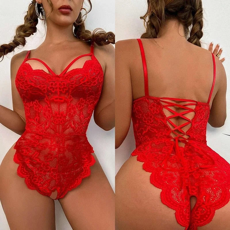 Sexy Crotchless Red Lingerie Women Lace Back Bandage Bra Sets Erotic Costumes Teddy Baby Doll Dress Open Porn Underwear Set Button-up pajama sets