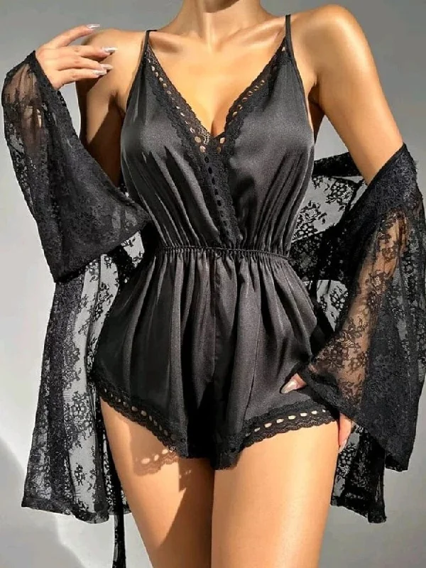 Sleepwear woman Crisscross Backless Sleep Onesie With Lace Robe Polyester pajama sets