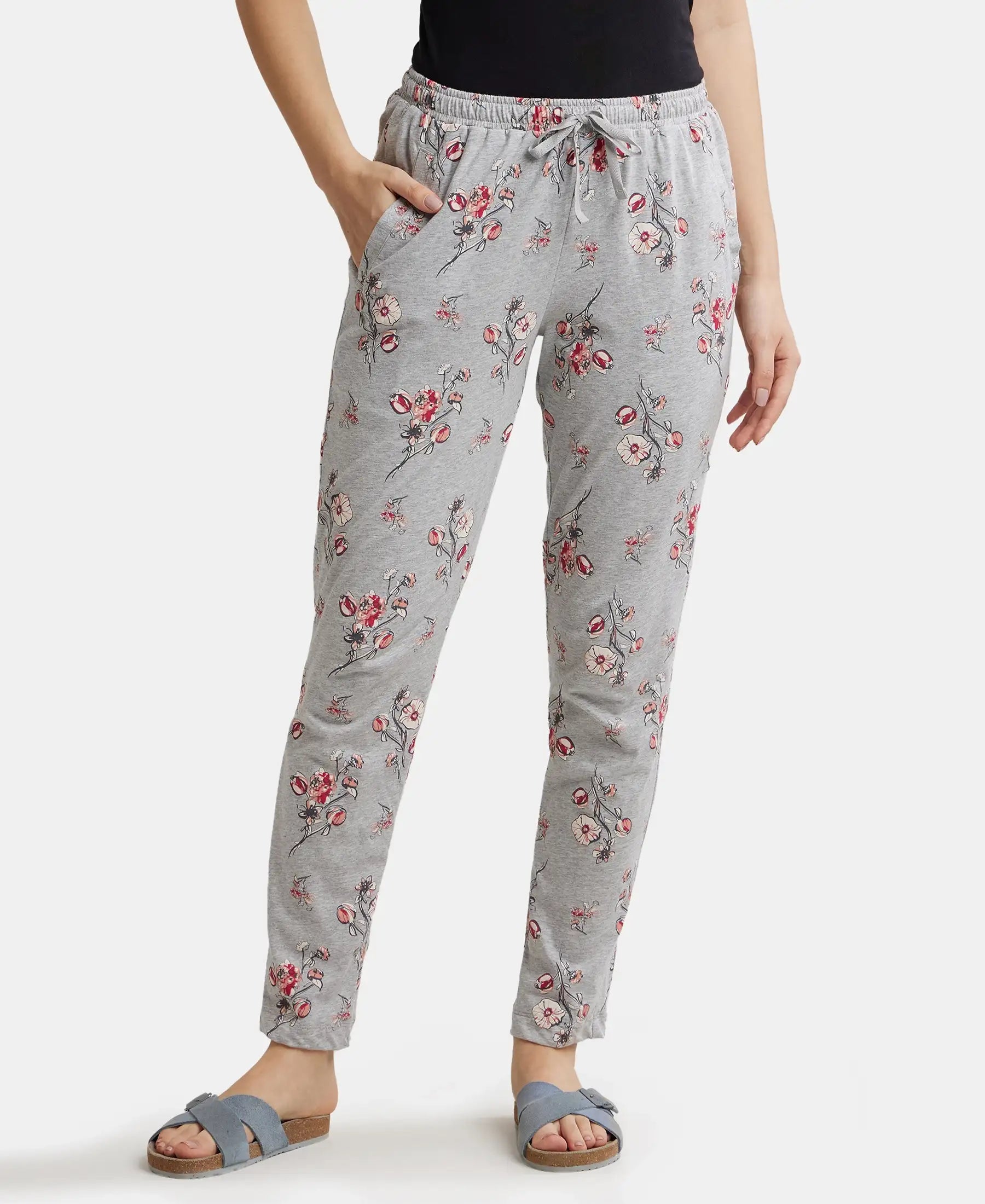 Super Combed Cotton Relaxed Fit Printed Pyjama with Side Pockets - Light Grey Melange Cozy pajama sets