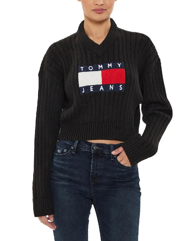 Tommy Hilfiger  Womens Tommy Jeans Flag Ribbed Cropped Sweater Women's sweaters