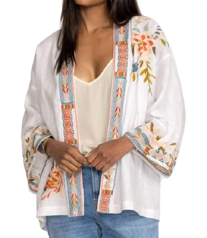 Ceretti Linen Cropped Kimono In White Breathable sweaters