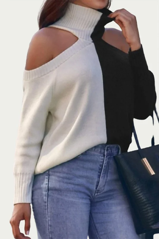 Cold-Shoulder Two-Tone Turtleneck Sweater In Black/white Best sweaters for winter