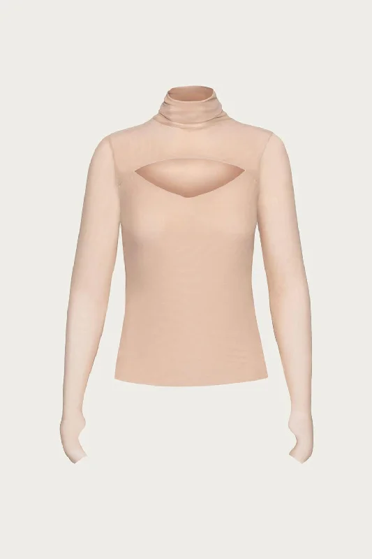 Dawn Power Mesh Turtleneck Top In Tan Designer sweaters