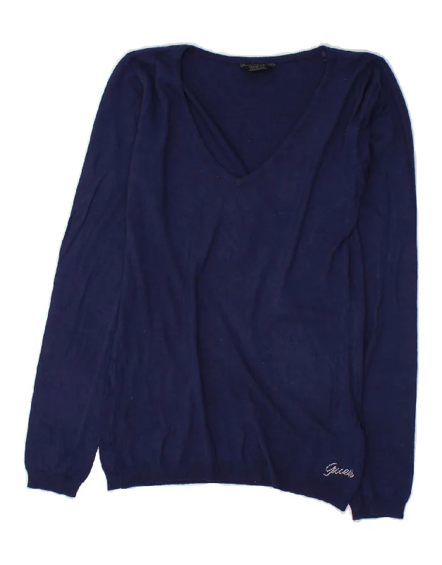 GUESS Womens V-Neck Jumper Sweater UK 12 Medium Navy Blue Viscose Must-have sweaters for this season