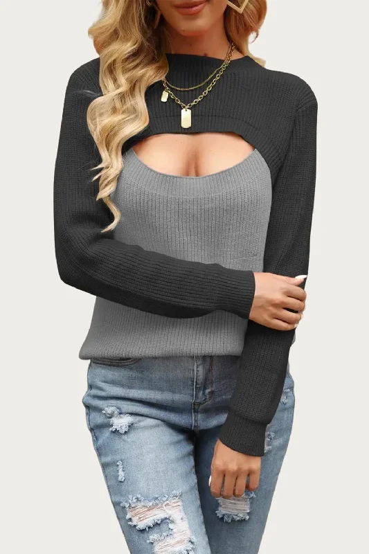 Two-Tone Colorblock Cutout Sweater In Dark Grey Affordable sweaters