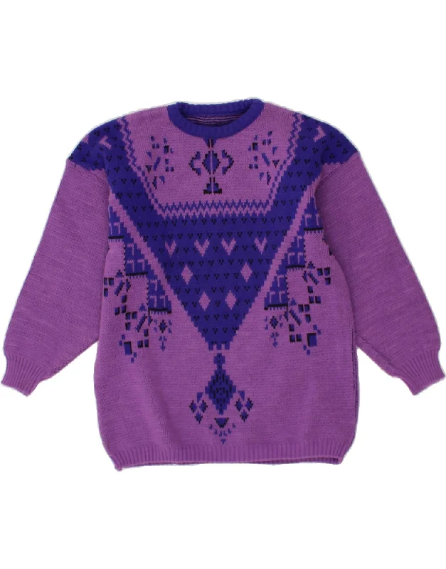 VINTAGE Womens Crew Neck Jumper Sweater UK 14 Large Purple Geometric Discounted sweaters