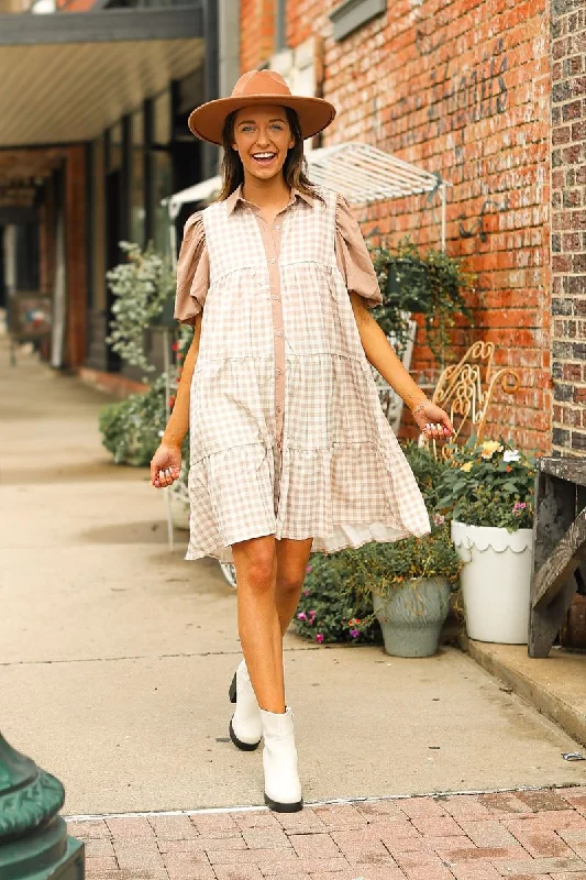 Brown Gingham Button Down Dress Urban Outfitters mini dresses