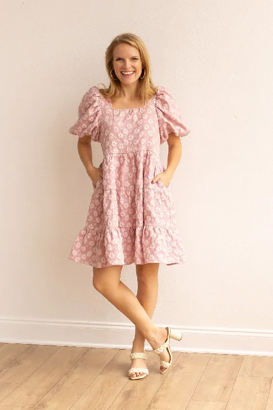 Botanical Blush Pink Floral Puff Dress Cute floral print mini dresses