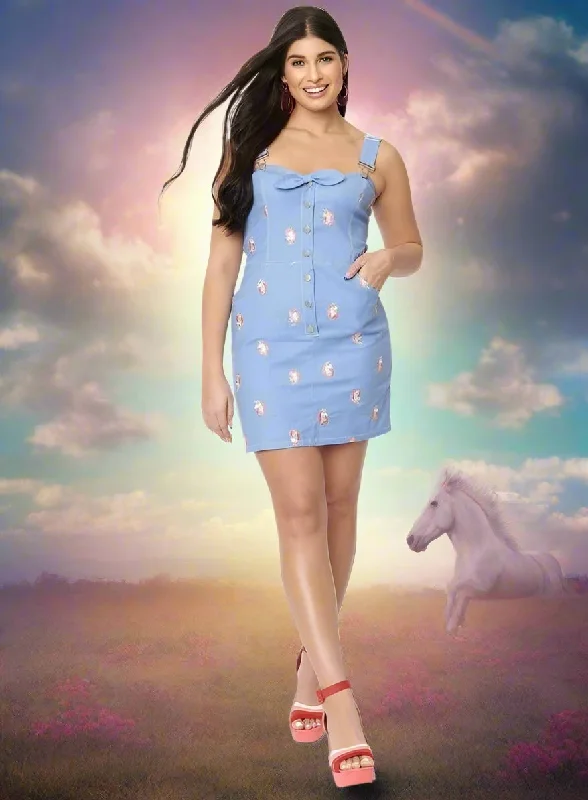 Unique Vintage Periwinkle Denim & Unicorn Fitted Pinafore Long sleeve mini dresses