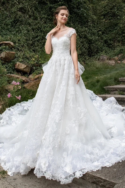 A-Line Cathedral Train Tulle Lace Wedding Dress CW2389 Strapless Lace Dress