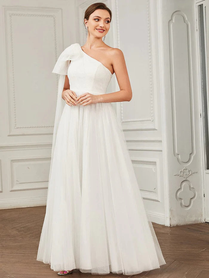 Asymmetrical Tie Sleeve Cinched Waist Layered Tulle A-line Wedding Dress Chic Lace Dress