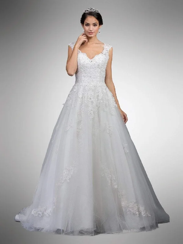 Dancing Queen Bridal - 19 Lace Embroidered V-neck Ballgown Sleek Wedding Dress