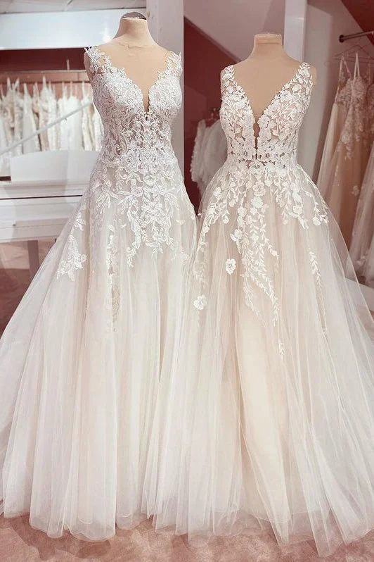 Deep V-Neck A-Line Lace Floor-Length Wedding Dress with Tulle Appliques Satin Wedding Dress