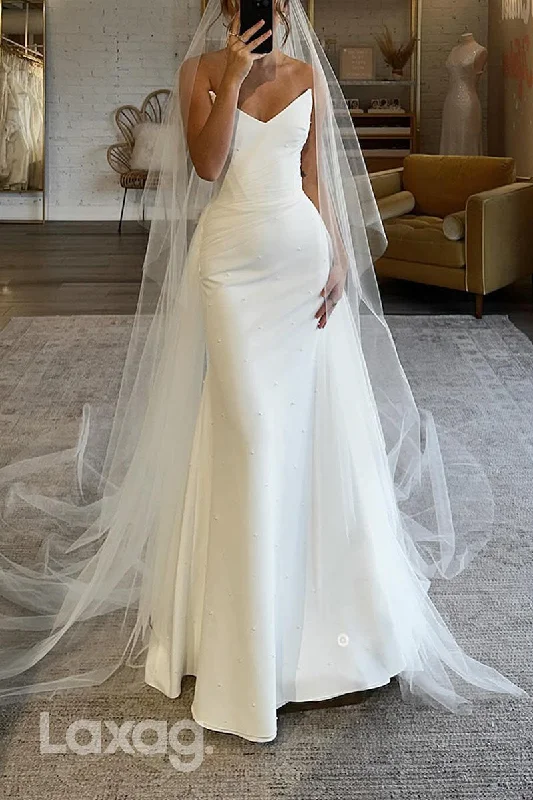 23024 - Straplesss V-Neck Beaded Sleek Satin Elegant Wedding Dress with Tulle Train Off-shoulder Wedding Gown