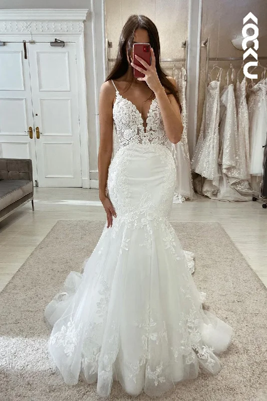 K1978 - Couture & Ornate  Spagehtti Straps V-neck Applique Mermaid Wedding Dress Floral Lace Wedding