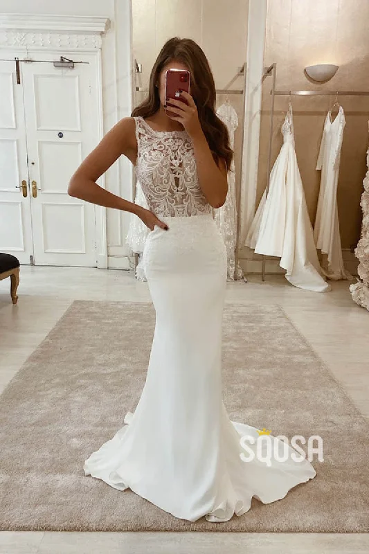 Mermaid/Trumpet Wedding Dress Chic Bateau Appliques Rustic Wedding Gown QW2277 Lace Wedding Dress