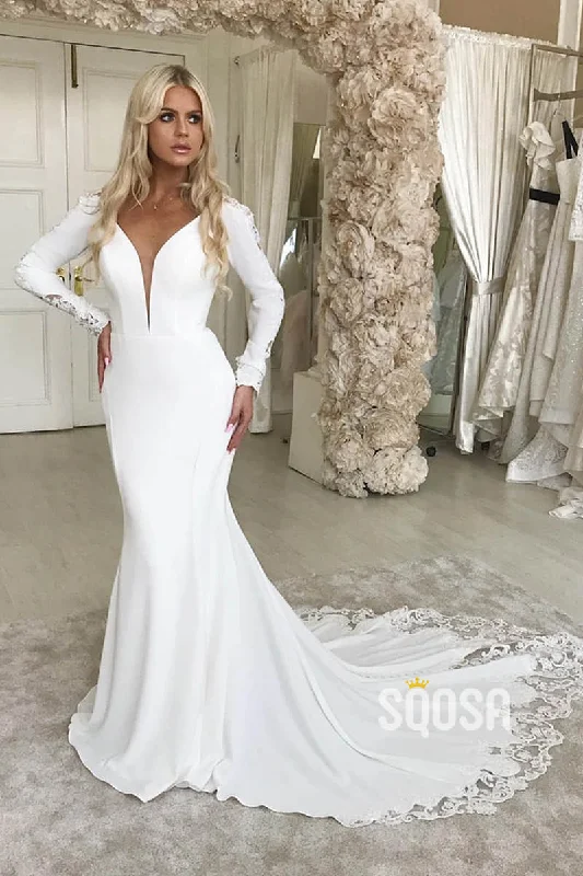 Mermaid/Trumpet Wedding Dress Attractive V-neck Long Sleeves Rustic Wedding Gown QW2278 Elegant A-line Gown