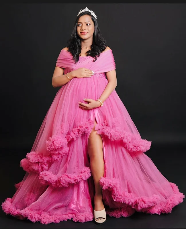 G1082, pink Ruffled Maternity Shoot Trail Gown, Size(All)pp Sexy Satin Gown