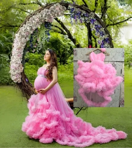 G423, Baby Pink Mother Daughter Puffy Cloud Shoot Trail Gown, (All Sizes) Ball Gown Wedding