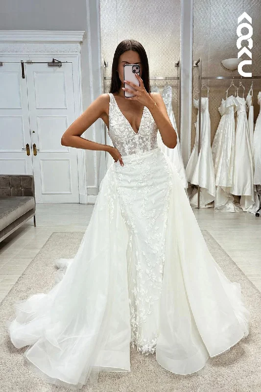 K1976 - Elegant & Luxurious V-Neck Sleeveless Mermaid Wedding Dress With Applique Modern Lace Gown