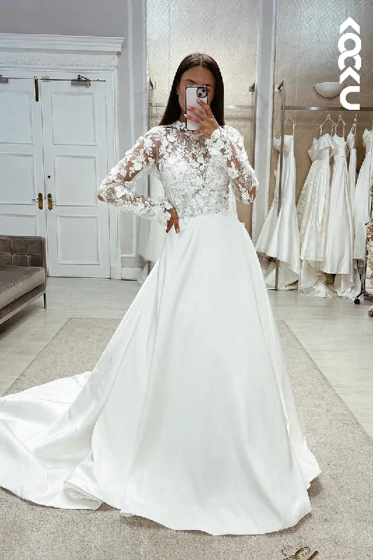 K1977 - Glamorous & Dramatic Long Sleeves A-line Wedding Dress With Applique Floral Wedding Gown