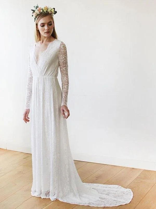 Lace Wedding Dress With Train A-Line Long Sleeves V-Neck Ivory Bridal Gowns Short Wedding Gown