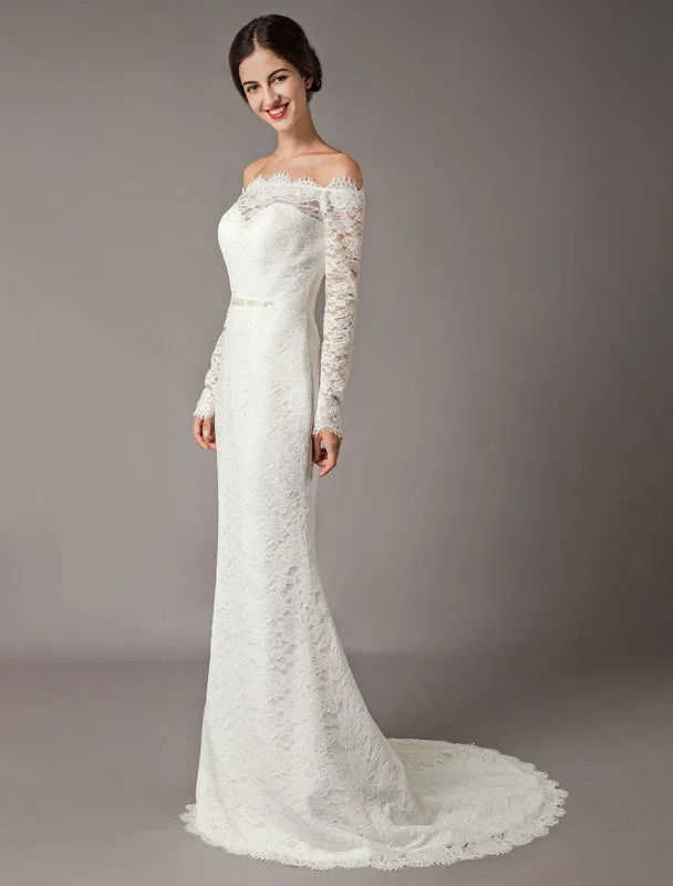 Lace Wedding Dresses Off The Shoulder Long Sleeve Beaded Sash Bridal Gowns With Train Luxury Wedding Dress