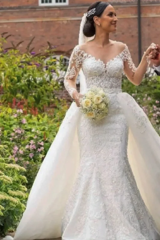 Modest Mermaid Off-the-Shoulder Lace Wedding Dress with Long Sleeves Mermaid Wedding Gown