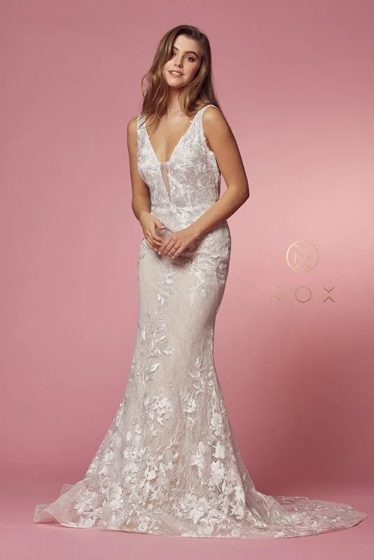 Unveil Your Bridal Radiance with Nox Anabel's Embroidered Sheath Gown Soft Lace Gown