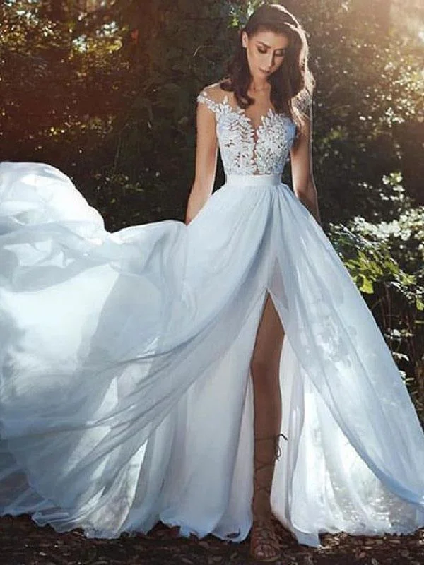 Wedding Dresses With Court Train A-Line Sleeveless Applique Illusion Neckline Bridal Gowns Modern Wedding Gown