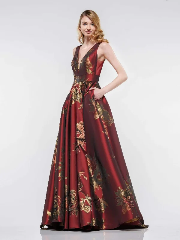 Colors Dress - Deep V-neck Print Mikado Ballgown 2179 - 1 pc Wine In Size 18 Available Wrap party dresses