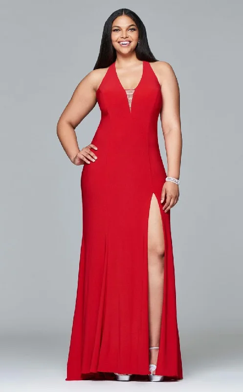 Faviana - 9402 Long Jersey V-Neck Sheath Gown With Front Slit  - 1 Pc. Black in size 18W Available Trendy party dresses under $50