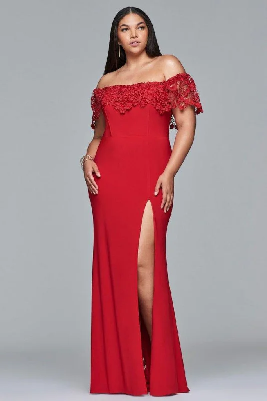 Faviana - 9422 Lace Off Shoulder Long Jersey Evening Gown - 1 pc Red In Size 18W Available Stretchy party dresses