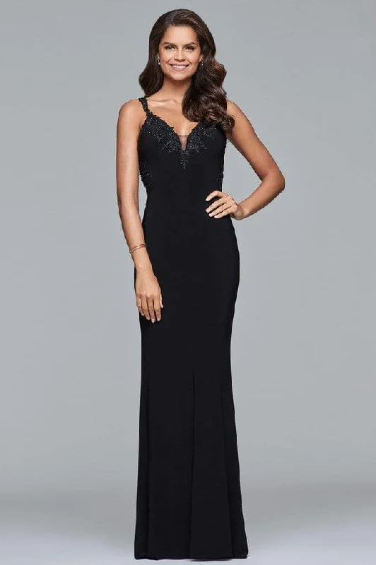 Faviana - S7999 Long Jersey Sleeveless Beaded V-neck Dress - 1 pc Black In Size 2 Available Fashion-forward maxi dresses