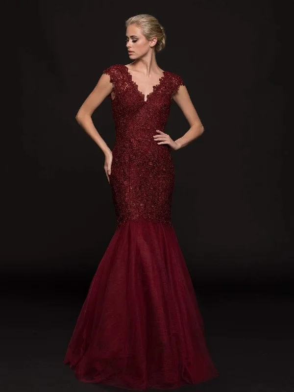 Marsoni by Colors - Scalloped V-neck Lace Mermaid Gown M222 - 1 pc Wine In Size 14 Available Tiered party dresses