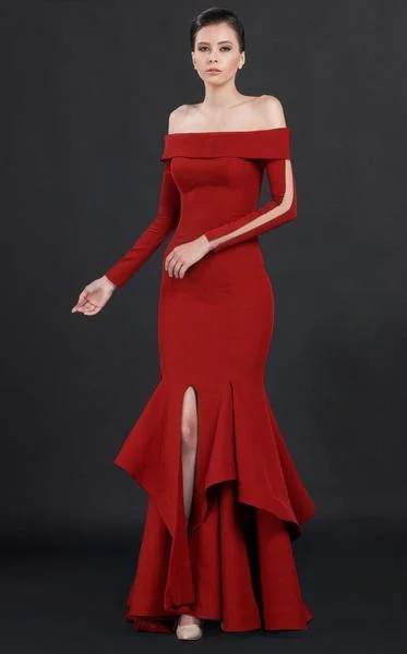 MNM COUTURE - N0043 Ruffled Off Shoulder Trumpet Gown - 1 pc Red In Size 14 Available Outdoor party dresses