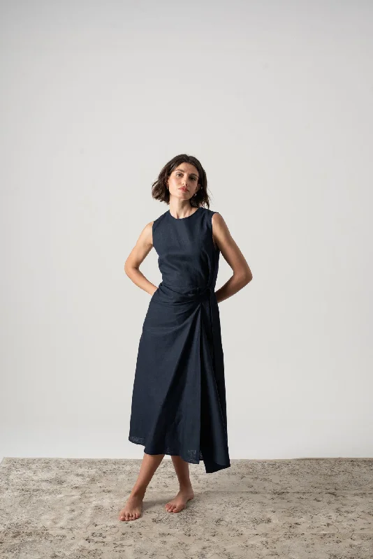 Eda Linen Midi Wrap Dress Navy Women's trendy midi dresses sale