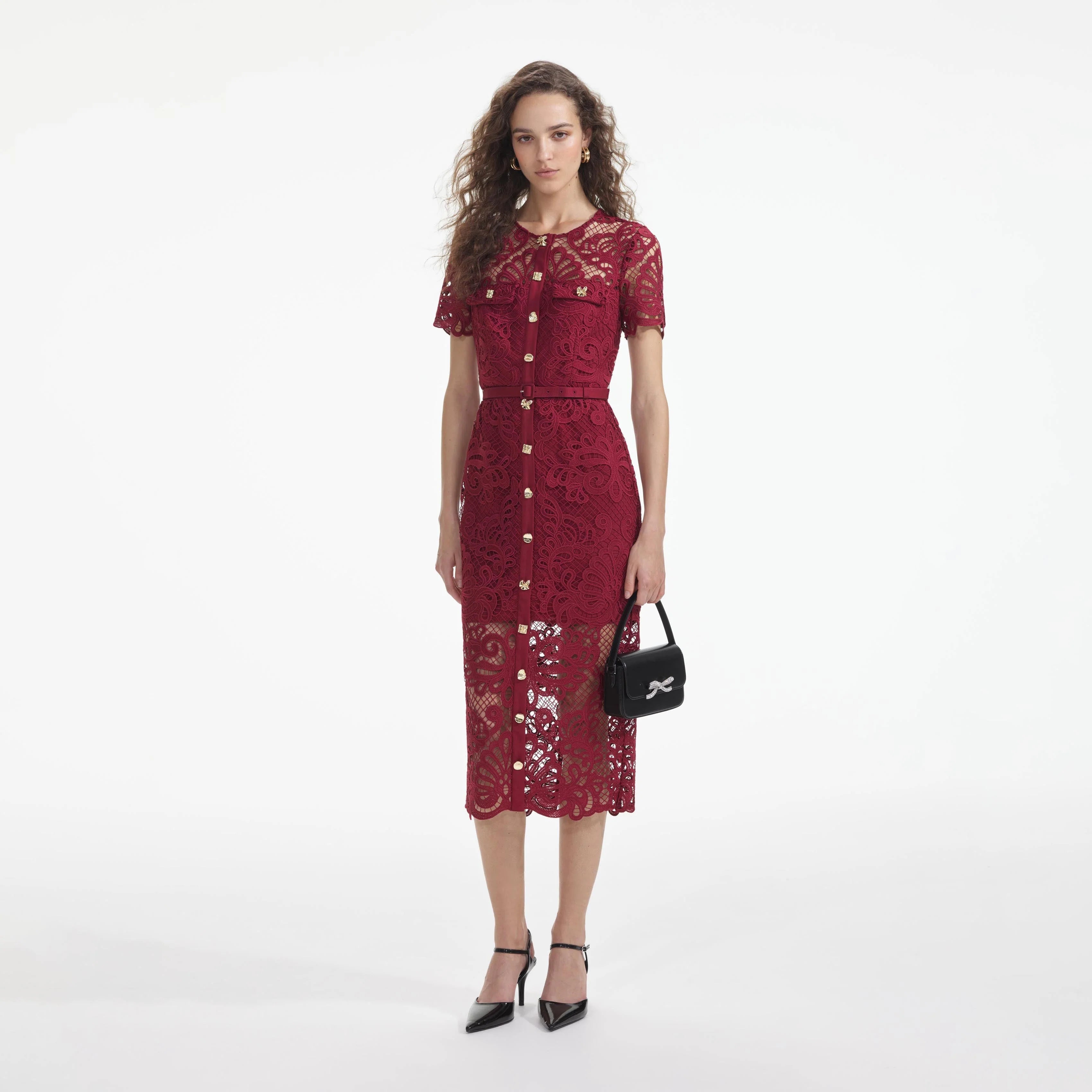 SELF PORTRAIT Red Guipure Lace Button Midi Dress Fashion Nova midi dresses