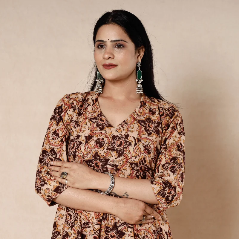 Brown - Kalamkari Block Printed Cotton Flared Gher Dress Chic floral dresses