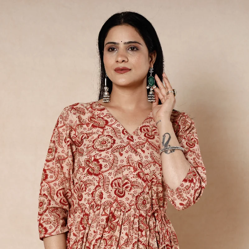 Beige - Kalamkari Block Printed Cotton Flared Dress Zara floral dresses