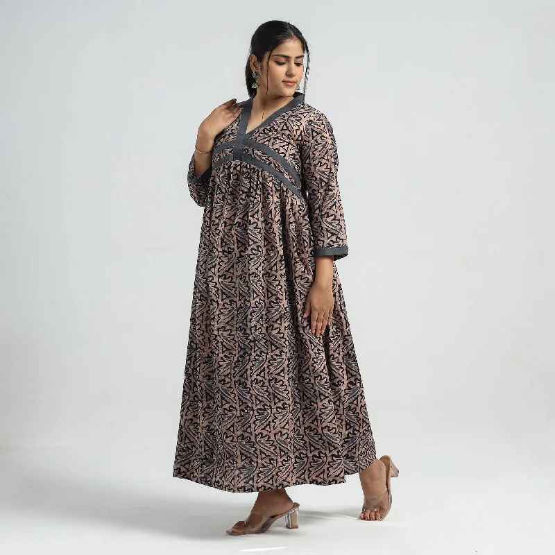 Brown - Batik Printed Cotton Flared Dress Flattering floral dresses for all body types